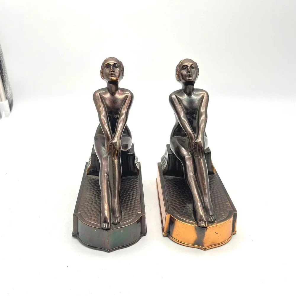 Vintage Art Deco Bronze Tone Clad Seated Nude Female Bookends Japan Pair Patina